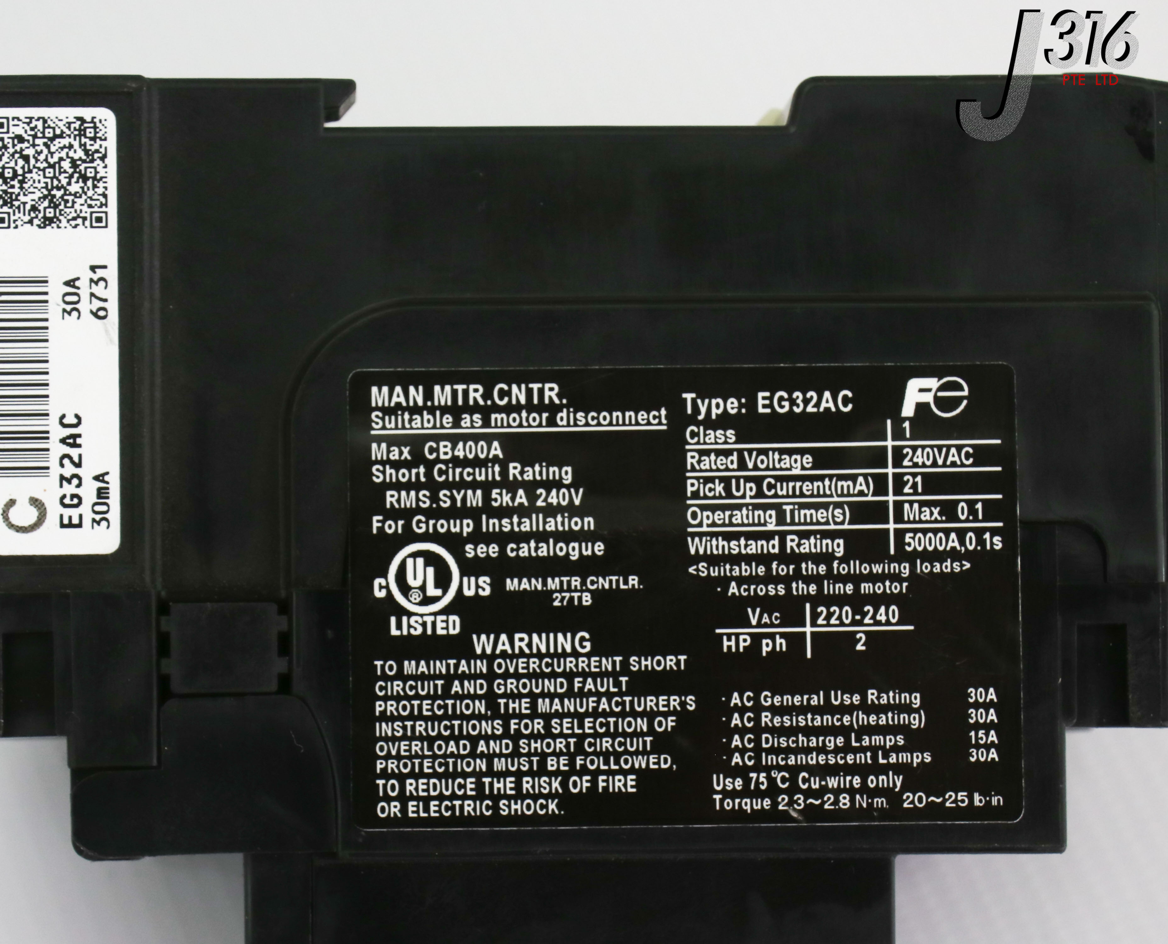 17213 FUJI ELECTRIC 2-POLE EARTH LEAKAGE CIRCUIT BREAKER, 30A